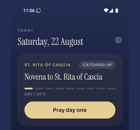 La pantalla Hoy (en inglés): una novena a Santa Rita de Casia en el día 1 de 9, marcada «Catching up» (Poniéndote al día), con el botón «Pray day one» (Rezar el día uno)